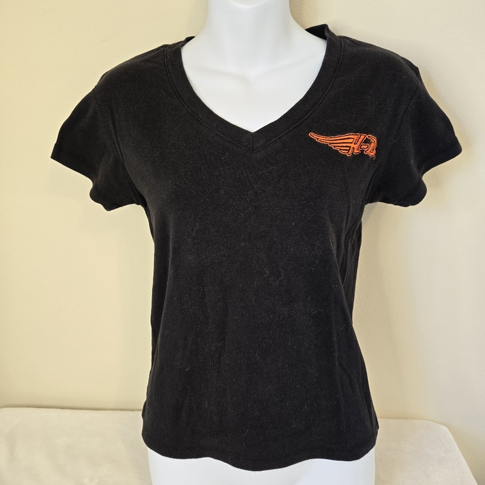 Black V-Neck Women’s Top with Orange HD Logo